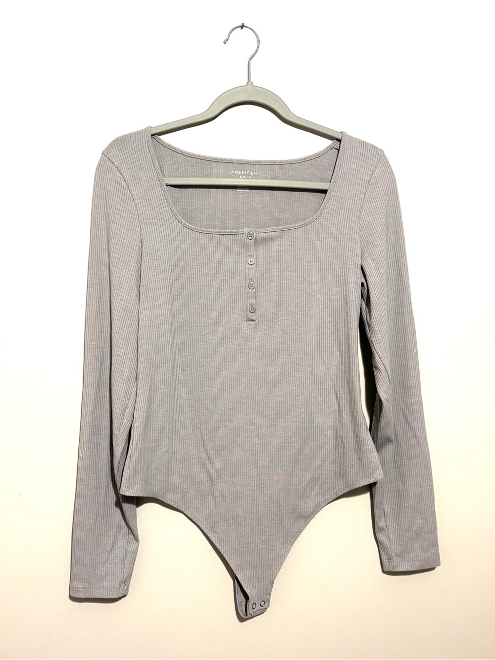 American Eagle Outfitters Light Gray Ribbed Square-Neck Henley Bodysuit X-Large